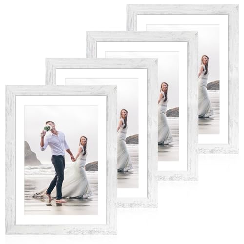 iRahmen 10x14 Picture Frame Set of 4 with Tempered Glass, Distressed White Frame Display 8x12 Picture with Mat or 10 x 14 Without Mat, Wood Rustic Photo Frames for Horizontal or Vertical Wall Mounting - color: Distressed White, size: 10X14