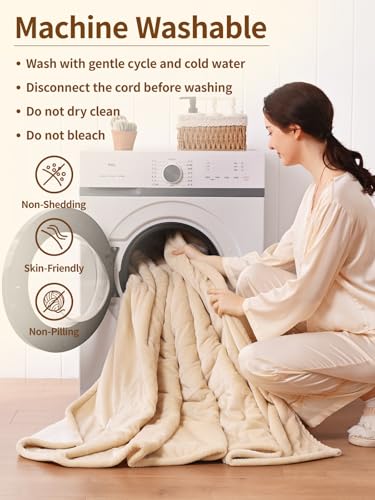 Bearhug Electric Blanket King Size with Dual Controls, 10 Heat Levels & 1-12H Auto Shut-Off, Fast Heating Soft Velvet to Sherpa Heated Blanket for Couples, Machine Washable, Beige - color: Beige, size: King Size 100" × 90"