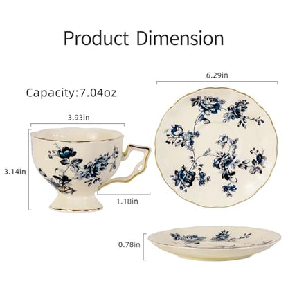 KAMMAK Tea Cups and Saucers Set of 2, 6.8 oz Porcelain Coffee Cups, 563N | Stackable Espresso Mugs, Ceramic Demitasse for Coffee, Cappuccino, Latte, Americano, Tea - size: 7KPSP563N