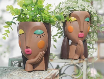 Saysmile Face Planter Pots for Indoor Plants, Resin Head Planter Succulent Planter Flower Planter Cute Girl Head Pots with Drainage Hole - Painted Thinking Girl Closed Eyes - color: Thinking - Painted