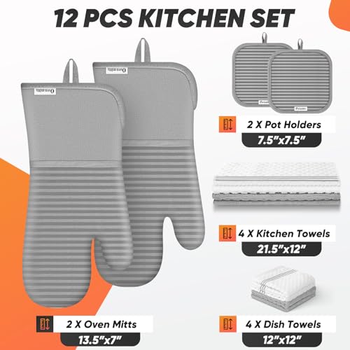 Oven Mitts Kitchen Towels and Dishcloths with Pot Holders Sets, Oven Gloves Hot Pads 500°F Heat Resistant with Silicone Grip, Include 2 Cooking Gloves/2 Potholders/4 Kitchen Towels/4 Dish Towels-Gray - color: Gray