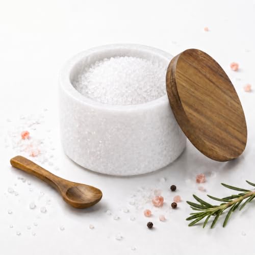 Marble Salt Cellar with Lid & Spoon, Salt Container, Salt Holder | Acacia Wood Lid, Wide Base with Non-Skid Feet, Moisture Proof Spice Cellars Keeps Salt, Pepper & Spices Dry, 6 oz (White) - color: White