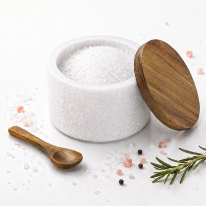 Marble Salt Cellar with Lid & Spoon, Salt Container, Salt Holder | Acacia Wood Lid, Wide Base with Non-Skid Feet, Moisture Proof Spice Cellars Keeps Salt, Pepper & Spices Dry, 6 oz (White) - color: White