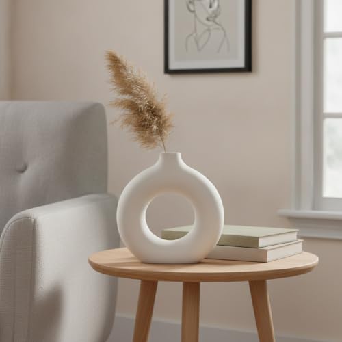 Ceramic Donut Vase, White Sculptural Ring Centerpiece for Shelf Mantel Desk Display (1 PC) - size: 8.46 x 2.56 x 9.06 in
