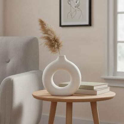 Ceramic Donut Vase, White Sculptural Ring Centerpiece for Shelf Mantel Desk Display (1 PC) - size: 8.46 x 2.56 x 9.06 in