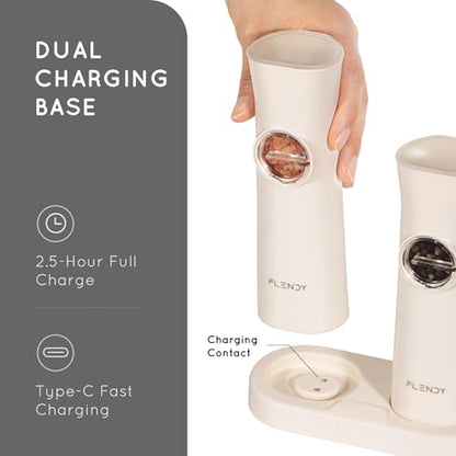 Flendy Gravity Electric Salt and Pepper Grinder Set with Charging Base | USB-C Charging Base, Gravity-Activated, Automatic, Rechargeable, Dust Cover, Large Capacity, Slim, Kitchen Housewarming Gift - color: Cream