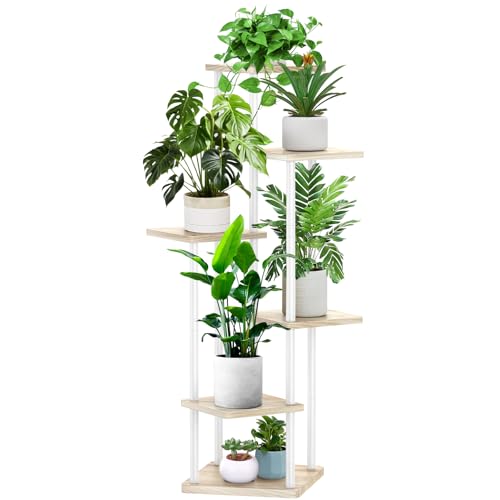 6 Tier Plant Stand Indoor, Thickened Metal Wood Corner Plant Shelf Stands for Multiple Plants, Indoor Tall Plants Stand Tiered Flower Holder for Living Room Patio Garden Balcony(White+Oak) - color: White+Oak, size: 6 Tier