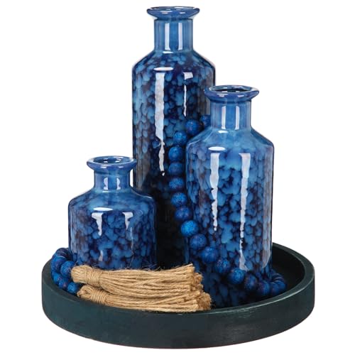 5 Pcs Rustic Country Tabletop Centerpieces Decor Set of 3 Boho Ceramic Vases with Wooden Serving Tray Wood Bead Garland Tassels Table Holder for Home Decorations (Country Blue) - color: Country Blue