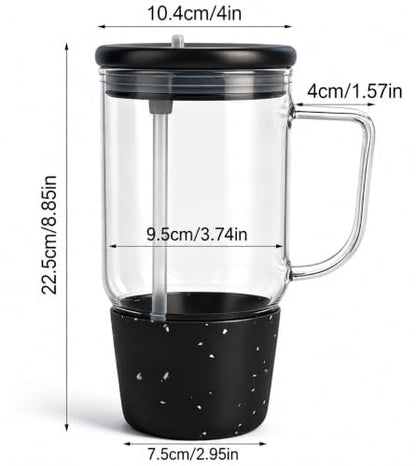 40oz Glass Tumbler with Flip Straw Lid, Handle, Silicone Sleeve, Black | Leakproof Lid, Fits Car Cup Holder Glass for Iced Coffee, Water, Cold Drinks, Travel, Outdoor, Partys&Home - color: Black