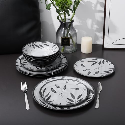 12pcs Dinnerware Set, Melamine Plates and Bowls Sets, Grey Leaves | Farmhouse Tableware Service for 4, Unbreakable Dinner Salad Dessert Plate, Cereal Bowl Set for Outdoor, Durable RV Dishes - color: Grey Leaves