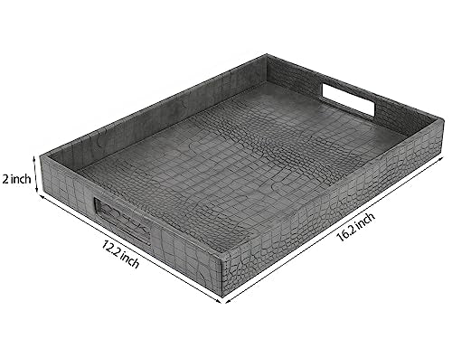 HofferRuffer Rectangle Serving Tray with Hole Handles for Coffee Table, Breakfast, Tea, Food, Butler - Countertop, Kitchen, Vanity Serve Tray, 16.2 x 12.2 x 2 inches, Faux Leather Tray (Dark Grey) - color: Dark Grey