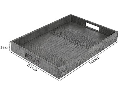 HofferRuffer Rectangle Serving Tray with Hole Handles for Coffee Table, Breakfast, Tea, Food, Butler - Countertop, Kitchen, Vanity Serve Tray, 16.2 x 12.2 x 2 inches, Faux Leather Tray (Dark Grey) - color: Dark Grey