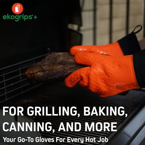 Ekogrips Plus Oven Gloves with Fingers, Comfy Waterproof Silicone Oven Mitts Heat Resistant with Long Cuff, Insulated BBQ Gloves Perfect for Grilling, Baking, Smoker, Canning, Pizza, Red, Hot Mitts - color: Red, size: OSFM