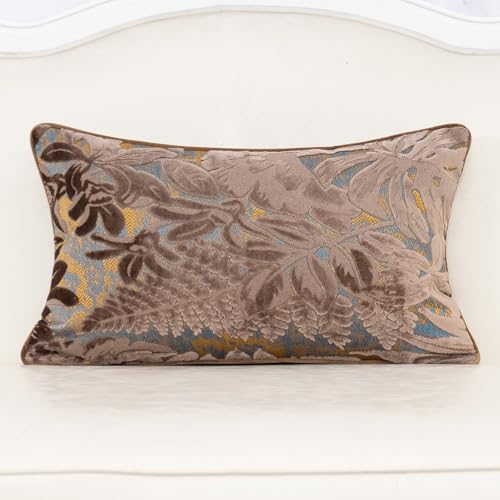 Alerfa Brown Throw Pillow Cover 12x20 Inch, Rectangle Cut Velvet Maple Leaf Embroidery Luxury Farmhosue Lumbar Decorative Pillow Cover for Couch Living Room Bedroom - color: Brown, size: 20" x 12" (Pack of 1)