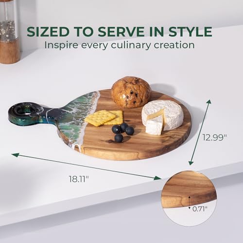 Acacia Wood Serving Board with Ocean Resin Art, 18.1" x 13" Charcuterie Cheese Tray for Display & Prep, Cutting Board on Back, Includes Stand & Loofah, Christmas Housewarming Gift (Round) - color: Round Cutting Board, size: Large