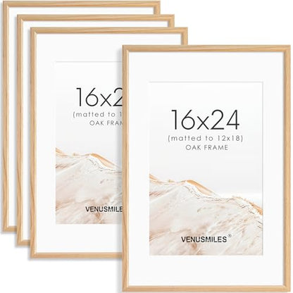 16x24 Poster Frame Set of 4 Natural Solid Oak Photo Frames with 12x18 Removable Mat Wall Hanging Large Handcrafted Frame with HD Plexiglass Wall and Tabletop Display Large Picture Frame - color: Oak, size: 16X24,4P
