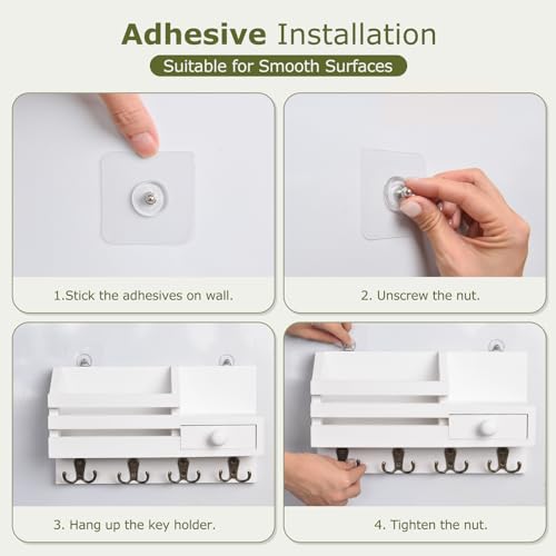 Key Holder Wall Mount, Wooden Key and Mail Organizer, White | 2 Mount Options, Includes 8 Hooks, Fence Mail Slot, Small Drawer and Shelf, for Entryway, Hallway, Doorway, Living Room, RV - color: White
