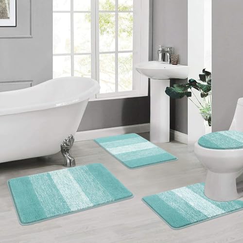 Bsmathom Bathroom Rug Set 4 Piece, Plush Microfiber Bath Mat, Teal | Extra Water Absorbent, Non Slip Washable Runner Bath Rugs with Toilet Lid Cover and U-shaped Contour Toilet Mat - color: Teal, size: 18"x26"+18"x48"+U20"x24"+Cover19"x21"