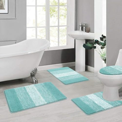 Bsmathom Bathroom Rug Set 4 Piece, Plush Microfiber Bath Mat, Teal | Extra Water Absorbent, Non Slip Washable Runner Bath Rugs with Toilet Lid Cover and U-shaped Contour Toilet Mat - color: Teal, size: 18"x26"+18"x48"+U20"x24"+Cover19"x21"
