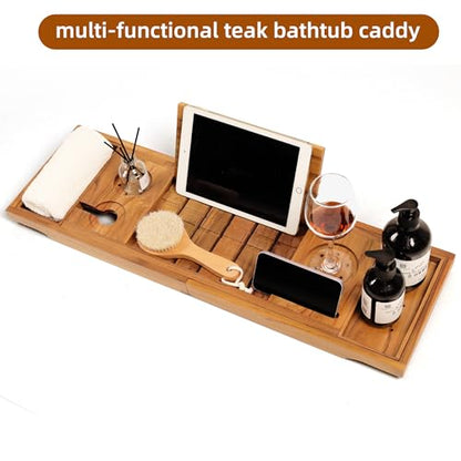 Expandable Teak Bathtub Tray - Luxury Wooden Bath Caddy & Tub Shelf, Over-The-Tub Bath Table with Book & Wine Glass Holder, Waterproof Bathroom Organizer for Spa Experience