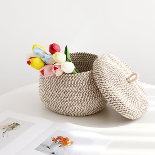 Storage Basket with Lid, 8"x6" Round Woven Blanket Storage for Living Room, Decorative Cotton Rope Hamper with Zipper Top, Wicker Basket with Lid, Floor Covered Kids Dog Toy Bin