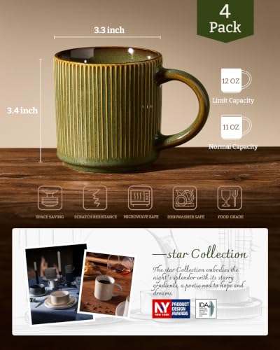 famiware Coffee Mug Set of 4, Star 12 oz Ceramic Mugs Cups Set with Handle | Stoneware Stackable Catering Cup for Coffee, Tea, Cappuccino, Latte, Microwave & Dishwasher Safe, Moss - color: Star-Moss, size: 4 Count (Pack of 1)