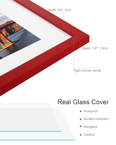 Hongkee 5x7 Picture Frame (4 Pack, Red) Made of Real Glass and Wooden Frame - Display Pictures 4x6 with Mat or 5x7 Without Mat, 5 by 7 Photo Frames TableTop Display and Wall Mounting - color: Red, size: 5x7 in