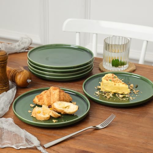 vicrays Ceramic Salad Plates Set - Porcelain 8 Inch Flat Dessert Appetizer Plate for Lunch Home Party Restaurant - Scratch Resistant Microwave Oven and Dishwasher Safe - Set of 6 (Green) - color: Green