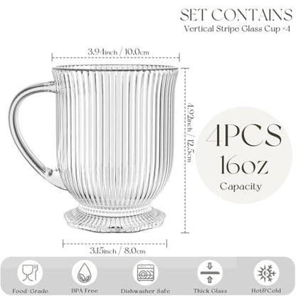 KEMORELA 16oz Ribbed Glass Coffee Mugs Set,Large Glass Mugs with Handle | 4-pack,Clear Thick glass,Wide base,Microwaves,Dishwasher safe,For Ice Coffee,Americano,Latte,Tea,Juice,Hot/Cold Beverages - color: Ribbed-4PCS