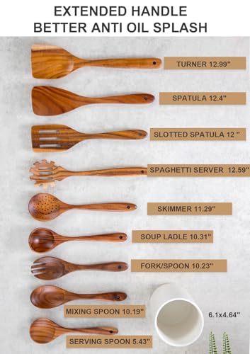 Nucookery Wooden Cooking Utensils Set with Holder, Nonstick Wooden Spoons for Cooking Spatula Set 10 Pcs, Teak Wood Kitchen Utensils Set, Ceramic Utensils Holder for Countertop, White - color: White (wood )