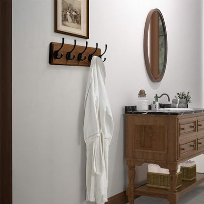 Wall Mounted Coat Rack: Patented, Heavy-Duty, 17.4" Long 5-Double-Hooks Wooden Hanger Rail for Winter Coats, Hat, Jacket, Clothing - Natural & Black - color: Natural & Black, size: L=17.4" (1pcs)