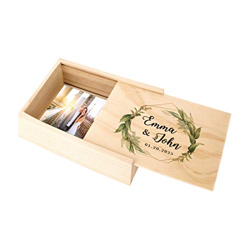 Koyal Wholesale Custom Geometric Greenery Leaves Wedding Keepsake Box, 4 x 6 -inch, Custom Name, Date, Natural Wood, - color: Geometric Greenery Leaves
