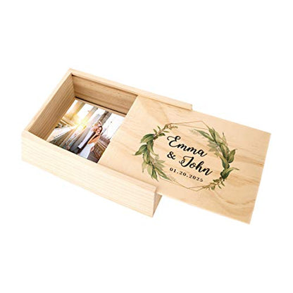 Koyal Wholesale Custom Geometric Greenery Leaves Wedding Keepsake Box, 4 x 6 -inch, Custom Name, Date, Natural Wood, - color: Geometric Greenery Leaves