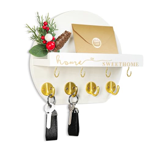 Key Holder for Wall, Key and Mail Holder Organizer - Key Holder Wall Mount with Bouquet Shelf and Key Hooks, Round Wooden Rustic Key Rack for Entryway and Home Decor (White) - color: White