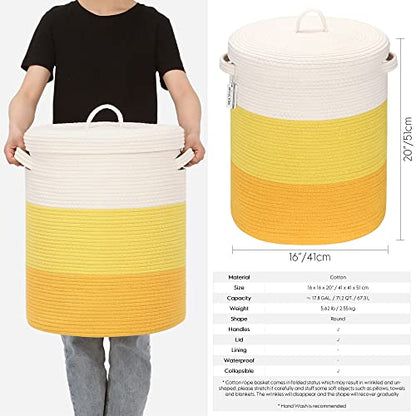 Sea Team Large Woven Cotton Rope Laundry Basket with Lid, 20 x 16 in | Collapsible Knitted Hamper with Handles, Lidded Closet Shelf Organizers for Clothing, Blankets, Toys, Bedding, Yellow - color: White & Yellow