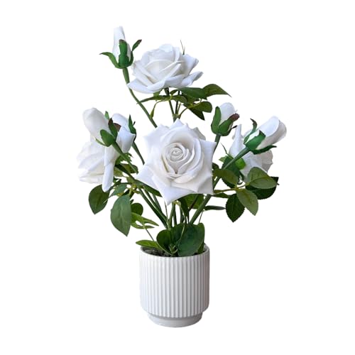 Artificial Rose Plant with Ceramic Vase, White | Silk Roses, Home Decor, Potted Floral Arrangement - color: White