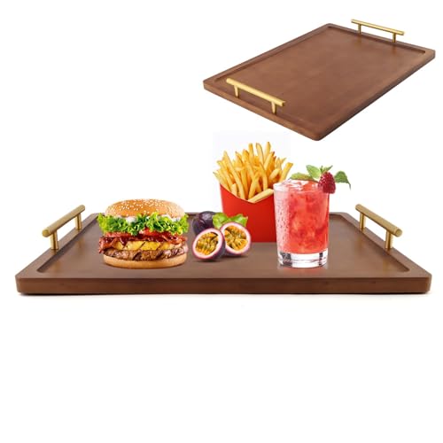 Wood Serving Tray with Metal Handles,Decorative Serving Tray, Food Drinks Tray for Breakfast, Coffee Table, Dinner & Bar, Kitchen, Bedroom (Brown)