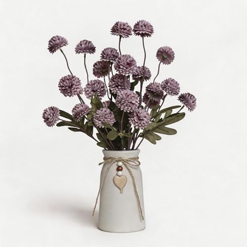 Artificial Chrysanthemum Flower Arrangement in Rustic Ceramic Vase with Heart Charm, 25 Heads Faux Pompon Mum Bouquet, 15'' Farmhouse Table Centerpiece for Dining Table, Home Décor, Purple - color: Purple