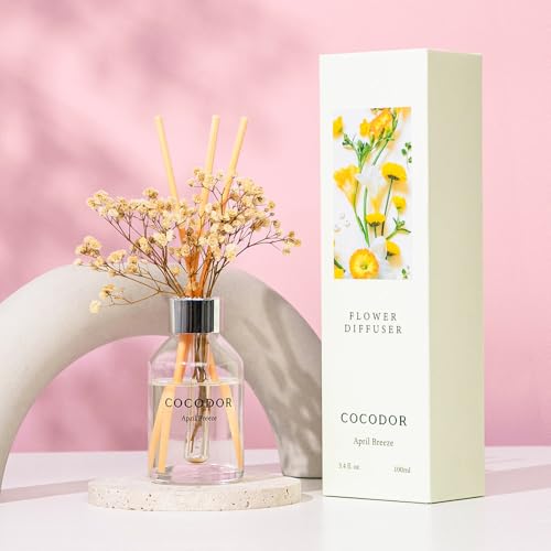 COCODOR Flower Reed Diffuser Set / 3.4oz / April Breeze/Scent Diffuser with Sticks Home Fragrance Reed Diffuser for Bathroom Shelf Decor - size: Flower/3.4Ounce