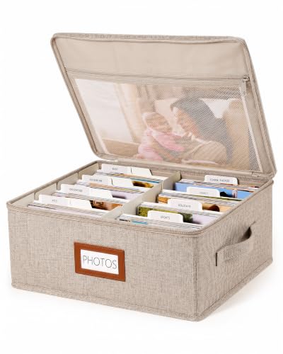 Photo Storage Box, 2000 4x6 Photo Organizer with 8 Dividers, Brown | Linen Keepsake Box with Zipper Lid & 30 Label Cards, Mesh Pocket for 8x10 Prints, Stores Family Wedding Memories - color: Brown