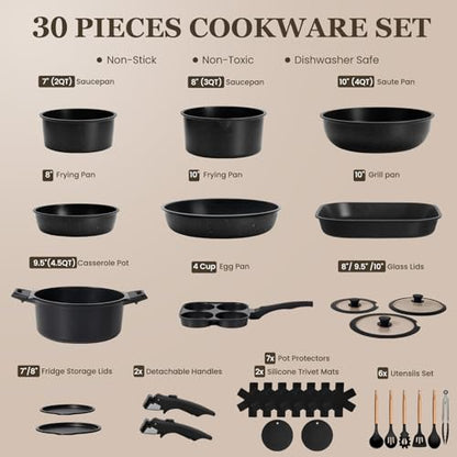 KIKCOIN 30-Piece Nonstick Pots and Pans Set, Cookware with Removable Handle | Induction Ready, Stackable for RV kitchen, Dishwasher and Oven Safe, PFOA-Free, includes Frying pans, Saucepans and Casserole - color: Black, size: 30 Pack
