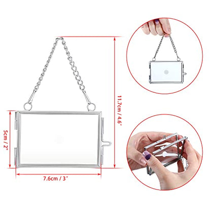 JUXYES Picture Frame, Set of 4 Mini Floater Frame, 3x2 inch, Brass, Glass, Silver, Wall Mount, Modern/Contemporary, Unisex Adult | 4 Pack Wallet Size Tiny Frame Ornament for Xmas Tree Party Wall Decor, Small Silver Brass Floating Display Frame with Chain