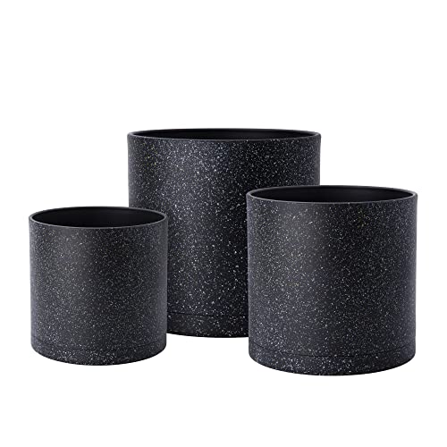 D'vine Dev 3-Pack Plastic Pots, 6.5/8/10 in, Speckled Black, 74-V-F-4 | Multi-Size Options, Lightweight Durable, Matte Finish, Cylinder Shape, Drainage Holes, Sleek Design, Detachable Saucer - color: Speckled Black, size: Large