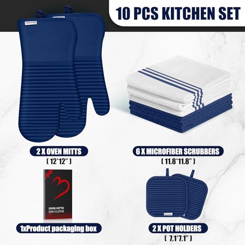 Oven Mitts and Pot Holder Sets with Silicone Grip, 500°F Heat Resistant-6 Pack Dishcloth/Dish Towels for Kitchen 100% Cotton-Value Kitchen Essentials for Cooking, Baking, Grilling-Marine Blue - color: Marine Blue
