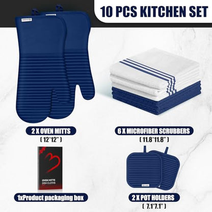 Oven Mitts and Pot Holder Sets with Silicone Grip, 500°F Heat Resistant-6 Pack Dishcloth/Dish Towels for Kitchen 100% Cotton-Value Kitchen Essentials for Cooking, Baking, Grilling-Marine Blue - color: Marine Blue