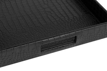 HofferRuffer Rectangle Serving Tray with Hole Handles for Coffee Table, Breakfast, Tea, Food, Butler - Countertop, Kitchen, Vanity Serve Tray, 16.2 x 12.2 x 2 inches, Faux Leather (Black Croco) - color: Black Croco