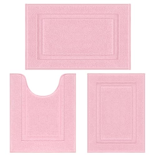 SHACOS Pink Bathroom Rugs Sets 3 Piece Bath Mat U Shaped Toilet Rug | 20x32+ 16x24+ 20x24, Soft Fluffy Microfiber Bath Rugs Set, Non Slip Washable Absorbent Bathroom Floor Mats Carpet Shower Rug - color: Pink, size: 16"x24"+ 20"x32"+U Shape 20"x24"
