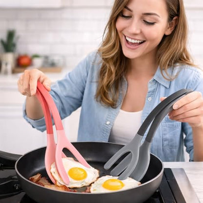 Silicone Spatula Tongs Set of 2 – Heat Resistant 2-in-1 Grip & Flip Non-Stick Cooking Tongs for Pancakes, Eggs, Fish & More – Silicone Kitchen Tool Set (Black & Red)