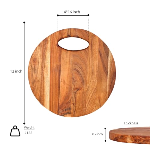 GoCraft Acacia Wood Round Cutting Board with Handle – 12x12 Inches | Rustic Wooden Cheese Board | Charcuterie Tray | Natural Rustic Kitchen Chopping Board | Farmhouse Food Prep & Serving Platter
