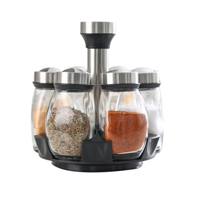 Spice Jars with Rack, Revolving Spice Rack Organizer Countertop Stainless Steel Seasoning Rack Set with 6 Glass Jar Bottles Set for Home Kitchen (Single layer)